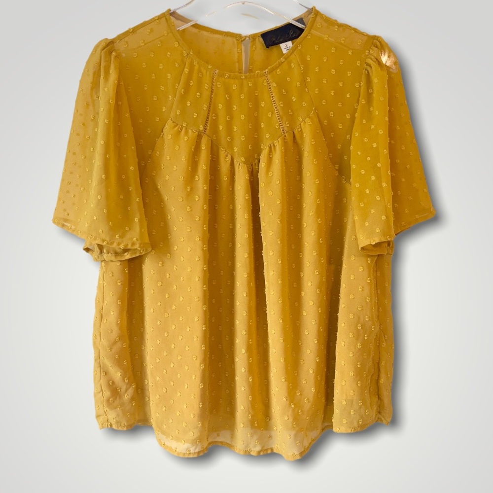 Blue Rain Francesca’s Mustard Yellow Semi Sheer Swiss Dot Flowy Top Size S